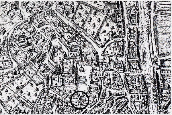 Bamberg. Markiert ist die Stelle der Grabung mit der 1738 abgebrochenen porta minor auf dem Stadtplan des Petrus Zweidler von 1602 (Pfeil)