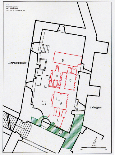 Abb. 2 Schloss Aschach. Plan der Befunde im nördlichen Keller des Schlossgebäudes. A Brennofen; B Brennofen; C Brennofen ; D. nördlicher Heizraum; E. südlicher Heizraum, F. mittelalterliche Befunde (13.Jh)