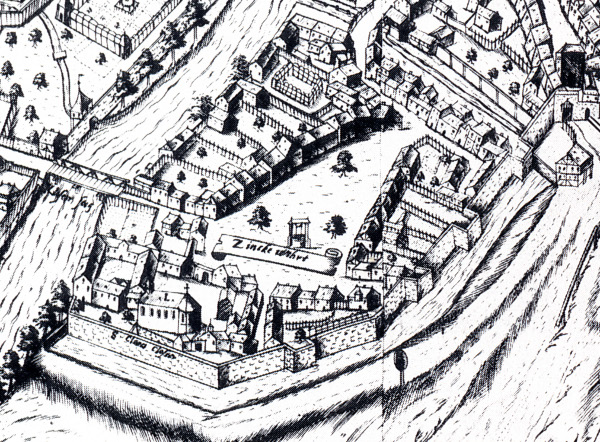 Abb. 1 Der Stadtplan von Petrus Zweidler aus dem Jahr 1602 zeigt den Zinkenwörth mit seiner zum Teil noch heute stehenden Bebauung.