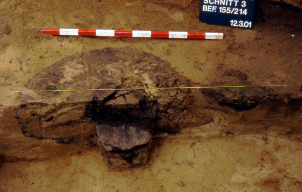 Abb. 5 Schnitt durch ein Pfostenloch. Der Sockelstein verhindert das Einsinken des Pfostens im Sand. Abb. 5 Schnitt durch ein Pfostenloch. Der Sockelstein verhindert das Einsinken des Pfostens im Sand.