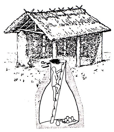 Rekonstruktionsvorschlag einer Kegelstumpfgrube mit Zugang im Inneren eines Gebäudes, (Zeichnung Hrsg Verein für Heimatgeschichte e.V. , Vorzeit Spuren in Rhön-Grabfeld, Schriftenreihe des Vereins für Heimatgeschichte im Grabfeld e.V. Heft 15, Kleineibstadt 1998, S. 62)